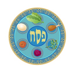 "Happy Passover" text translate from hebrew. Jewish Holiday Greeting card decoration seder plate icon, traditional symbols isolated on white food vector illustration